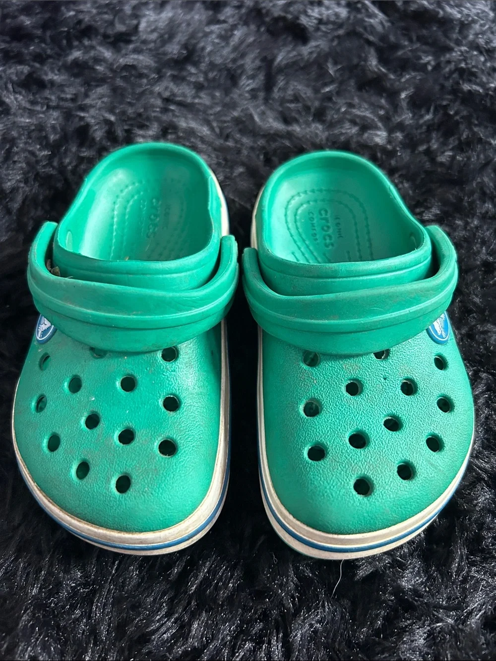CROCS Kids Green Clogs with Blue & White Midsole Stripe